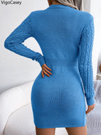 VigoCasey 2026 Blue Casual Short Knit Dress Autumn Winter Women Long Sleeve Dress Sexy Lady Solid Hollow Bodycon Knitted Dresses