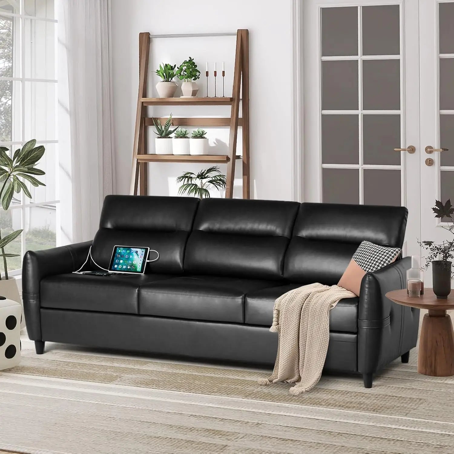 85” Black Faux Leather Couch with USB, 3 Seater Sofa Couches for Living Room, Large Mid Century Modern Office Apartment Couch (B
