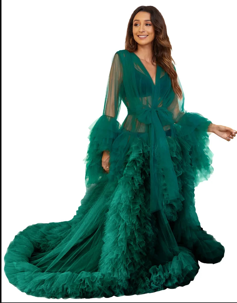 Women's Dressing Gown Perspective Sheer Long Tulle Robe Puffy Pregnancy Maternity Dress for Baby Shower Nightgown Sleepwear