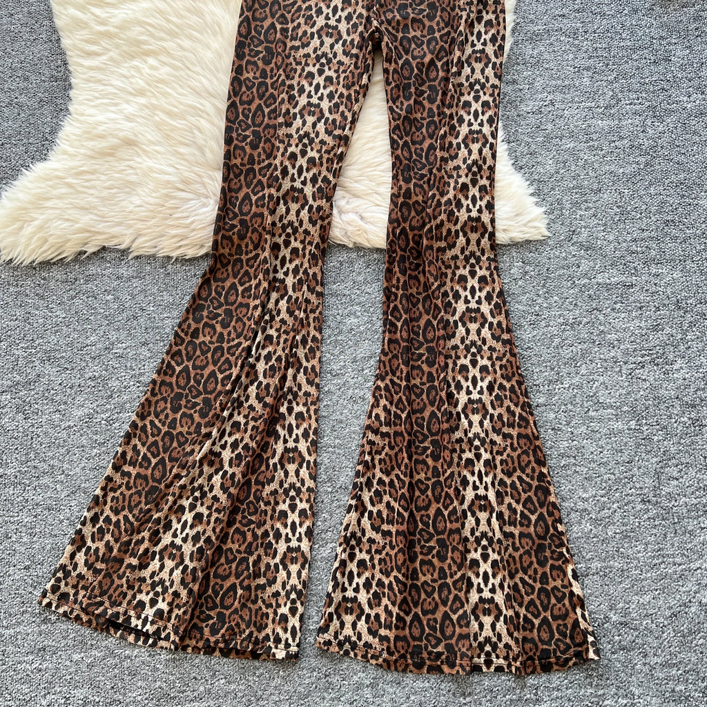 SINGREINY 2026 Newest Leopard 2pcs Suits Women Sexy Strap Tops+Elastic Waist Flared Pants American Ins Fashion Hotsweet Sets