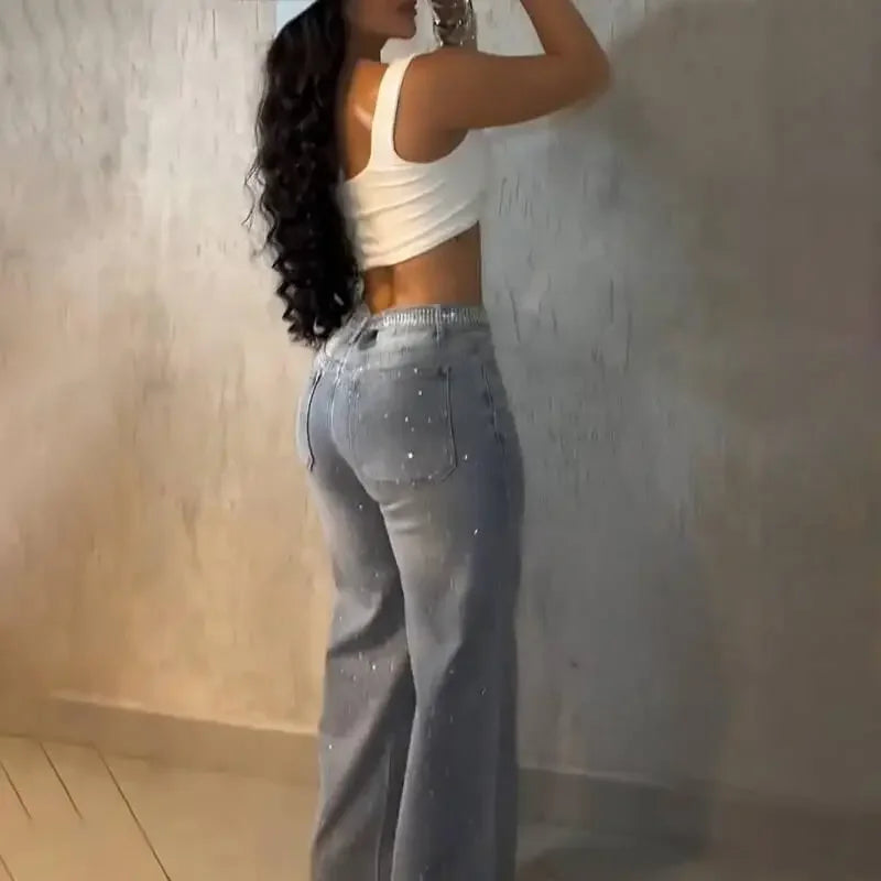 2026 Women Jeans Straight Diamonds Pants Y2k Streetwear Elegant High Waist Washed Belt Loose Wide Leg Denim Trousers Bottoms