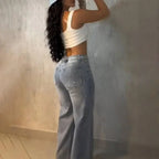 2026 Women Jeans Straight Diamonds Pants Y2k Streetwear Elegant High Waist Washed Belt Loose Wide Leg Denim Trousers Bottoms