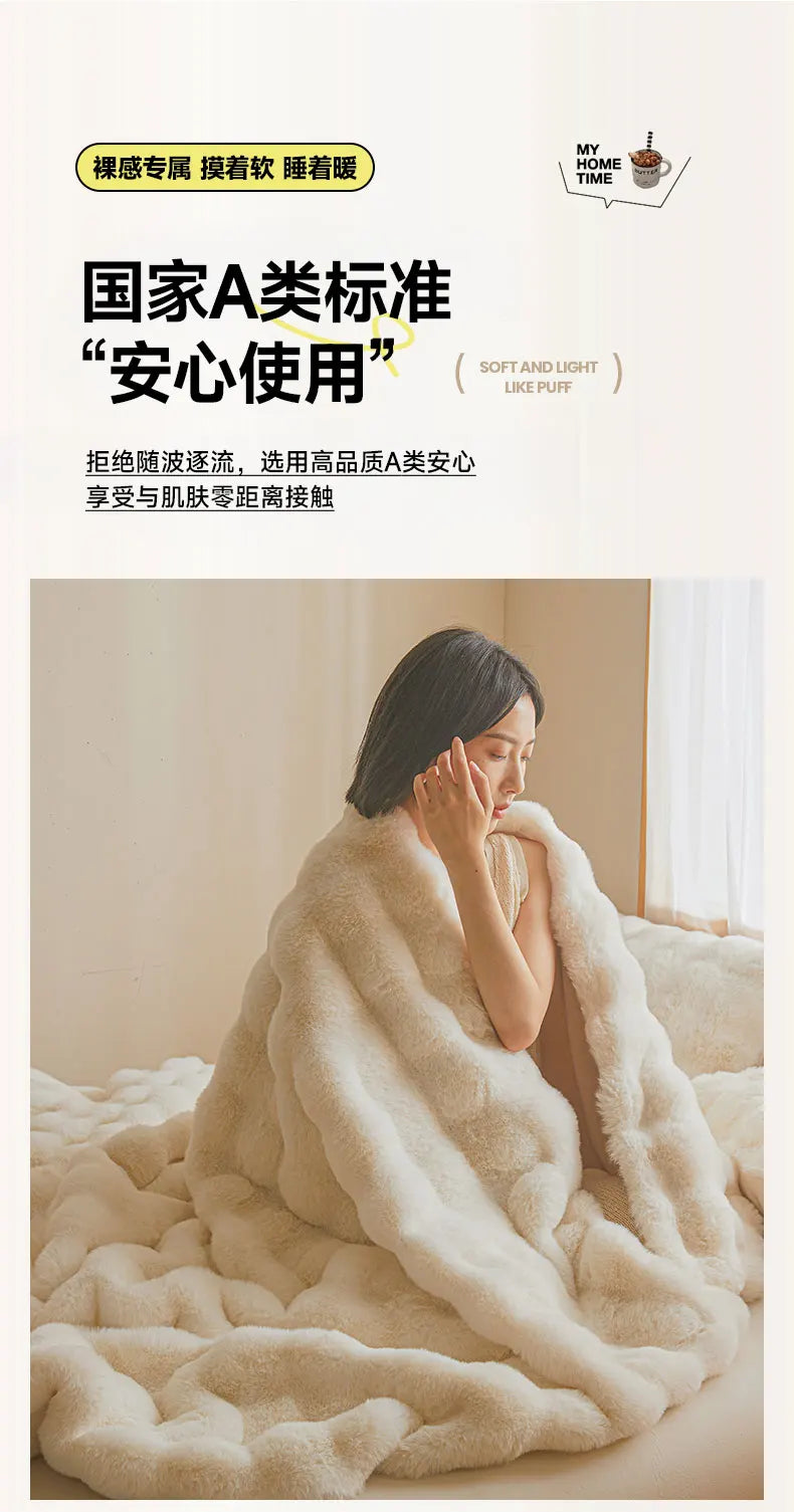 Ultra Soft Luxury Flffy Faux Rabbit Fur Blanket, Thick Winter Warm Throw Blankets, Plush Cozy Bubble Fleece Blankets Home Decor