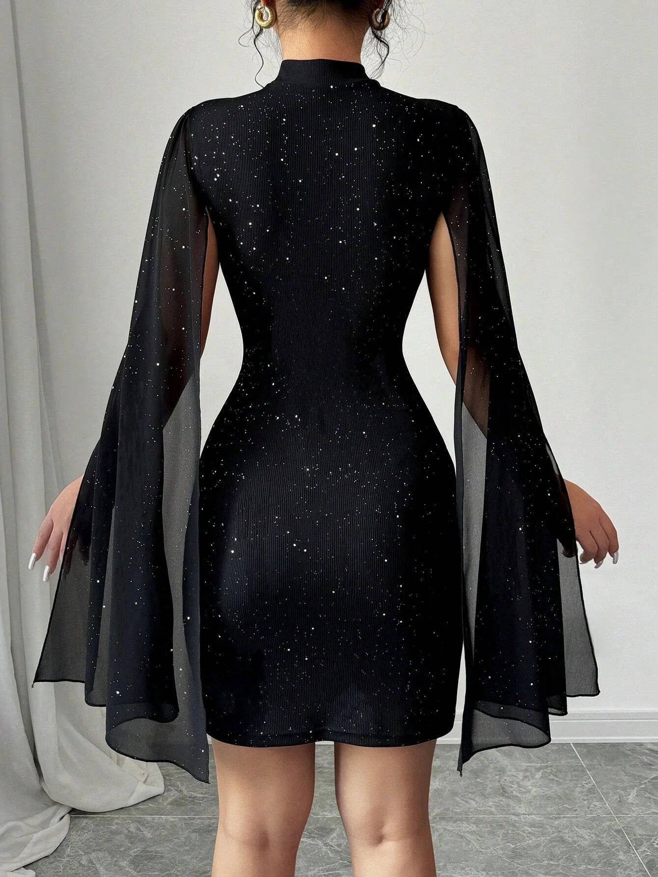 Sexy Women's Stand Collar Cape Mini Dress Sequins Sparkling Club Party Night Out Fitted Bodycon Elegant Autumn Winter 2026 Secondary image