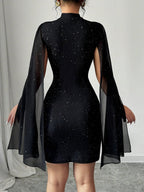 Sexy Women's Stand Collar Cape Mini Dress Sequins Sparkling Club Party Night Out Fitted Bodycon Elegant Autumn Winter 2026