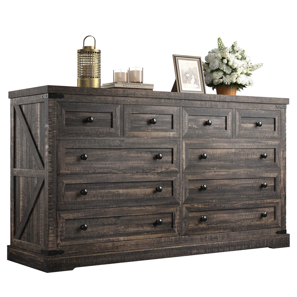 EnHomee 10 Drawer Large Antique Farmhouse wood Dresser and TV Stand with Smooth Metal Rail for Bedroom Storage