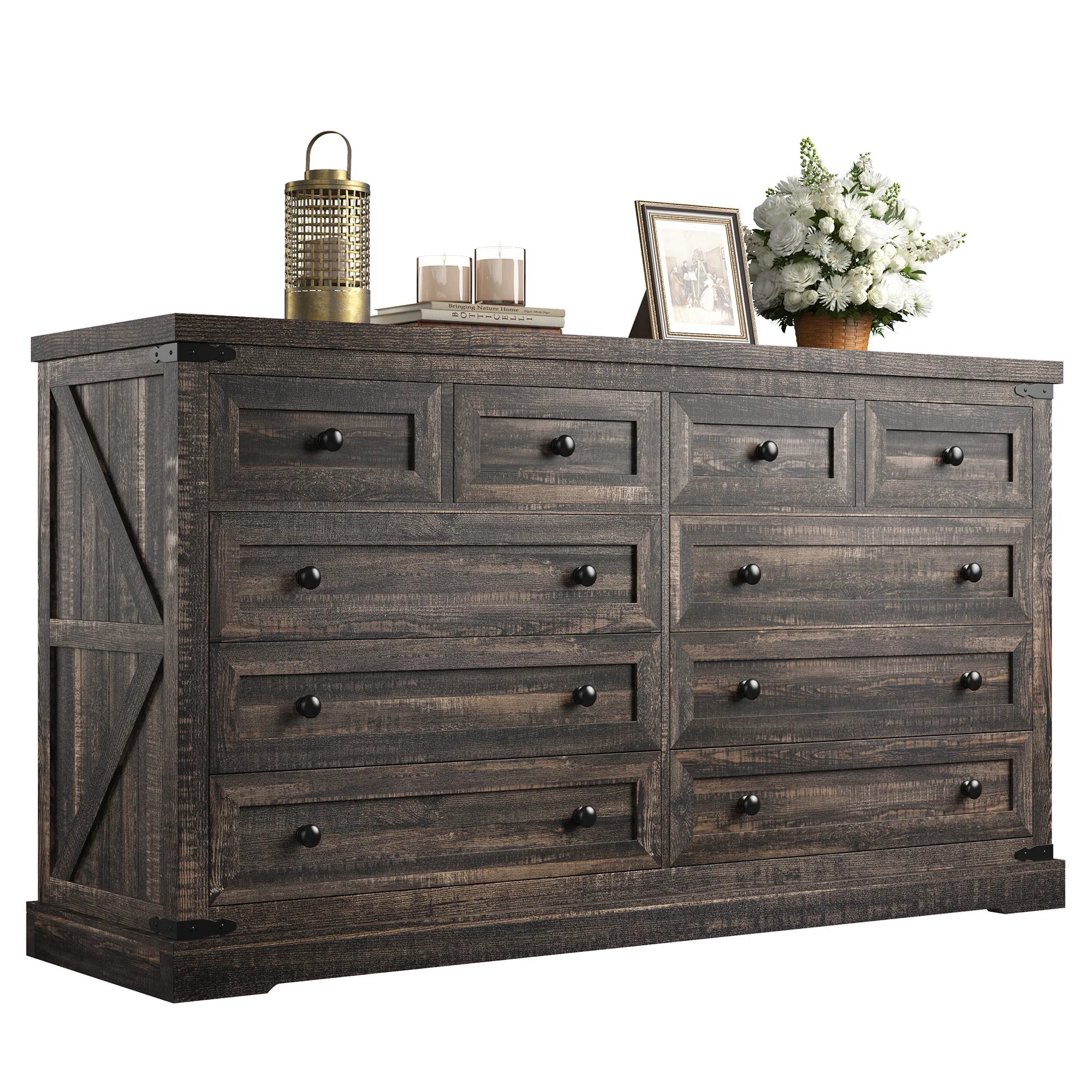 EnHomee 10 Drawer Large Antique Farmhouse wood Dresser and TV Stand with Smooth Metal Rail for Bedroom Storage