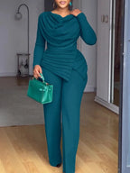 Swing Collar Ruched Jumpsuit Long Sleeve Solid Elegant Office Ladies Asymmetric Hem Autumn Casual Vintage Ruched Slim Rompers