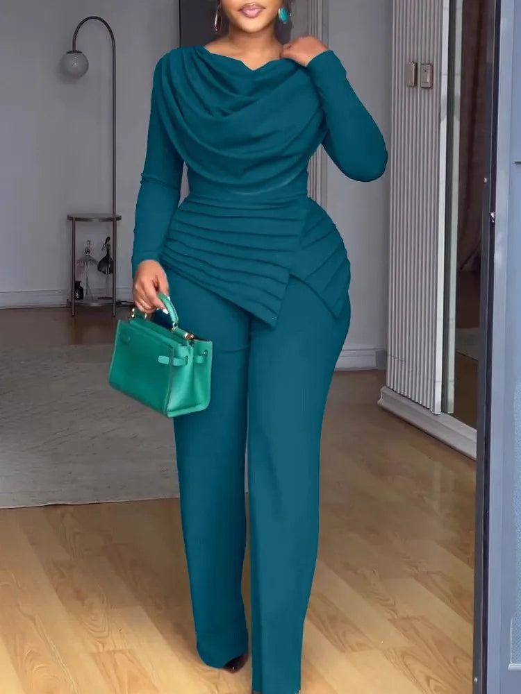 Swing Collar Ruched Jumpsuit Long Sleeve Solid Elegant Office Ladies Asymmetric Hem Autumn Casual Vintage Ruched Slim Rompers Main image
