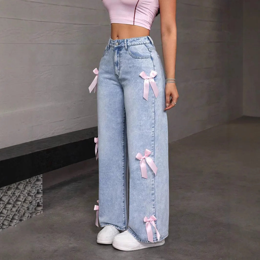 Women Jeans Wide Leg Pants Bow Washed High Waist 2025 Streetwear Denims Distressed Vintage Straight Ankle Length Trousers Secondary image