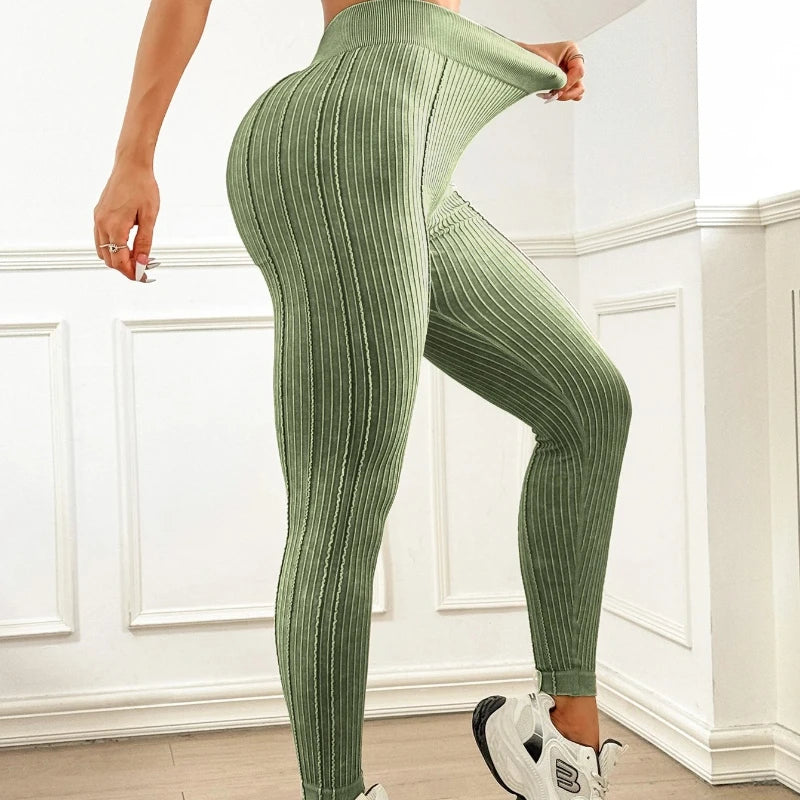 Women High Waisted Sand Washed Ribbed Leggings V Shaped Waistband Peach Hip Lifting Yoga Fitness Pants Stretchy Workout Leggings
