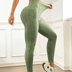 Women High Waisted Sand Washed Ribbed Leggings V Shaped Waistband Peach Hip Lifting Yoga Fitness Pants Stretchy Workout Leggings