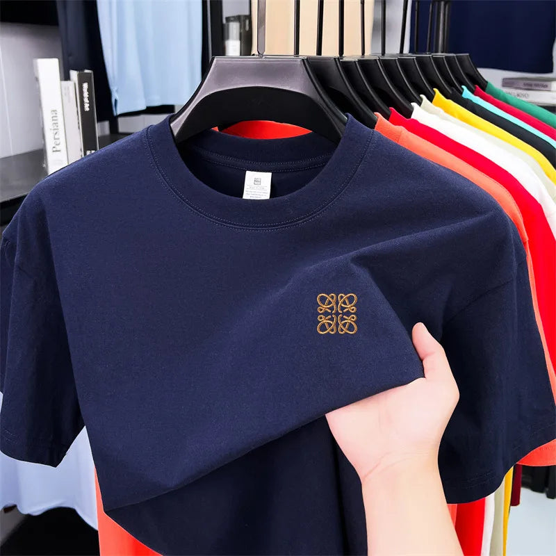 Summer Luxury 100%cotton Man Short-Sleeved T-Shirt Round Neck Delicate Embroidery Absorb Sweat Ventilate Leisure Men's Clothing
