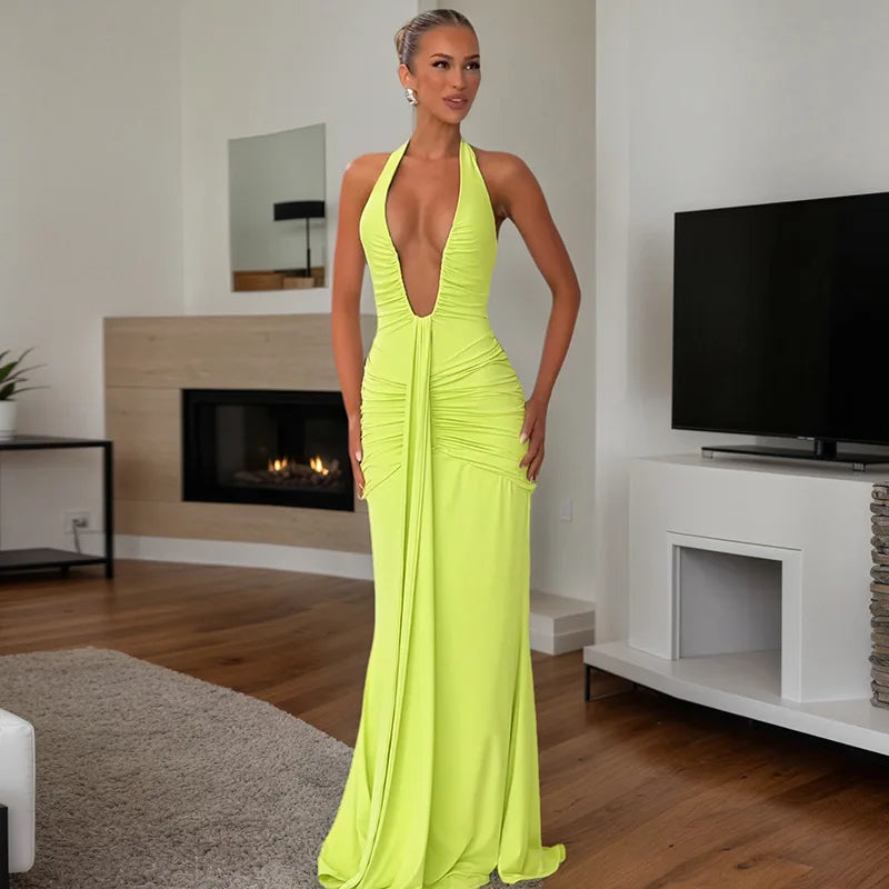 Sexy Deep V-neck Backless Halter Maxi Dresses Women's Sleeveless High Waist Bodycon Pleated Robe 2026 New Evening Party Gown