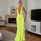 Sexy Deep V-neck Backless Halter Maxi Dresses Women's Sleeveless High Waist Bodycon Pleated Robe 2026 New Evening Party Gown
