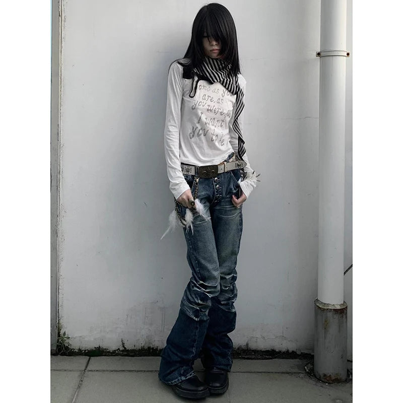 2024 Washed Distressed Micro-flared Jeans for Women Stylish High Street Straight Jeans Harajuku Style Hip Hop Y2k Blue Trousers Main image