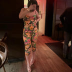 Floral Print Sexy Bodysuit Pant Set Hot Girl Sweetheart Backless Spaghetti Straps Top Elastic Waist Capri Pants Lady Outfit