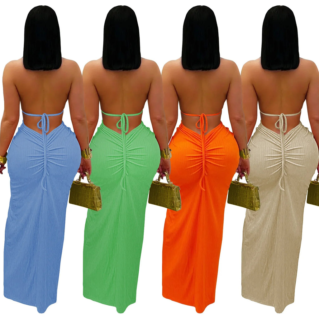 Women's Hollow Out Sleeveless Sexy Knitted Halter Neck Backless Solid Color Dress for Summer 2025