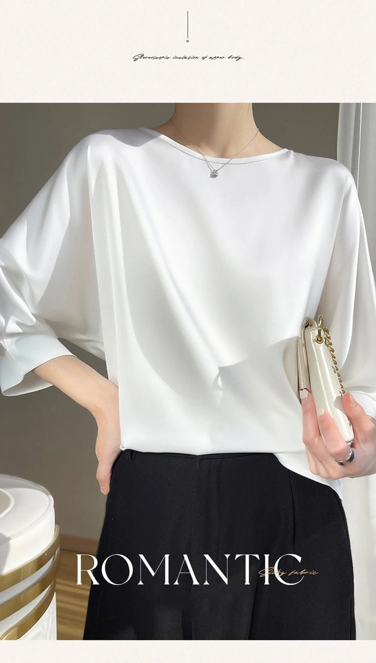 New In Summer Satin Silk Half-Sleeve Tee Tops Basic Solid Women‘s T-Shirt Casual O-neck Thin Shirts Ladies Loose Blouses
