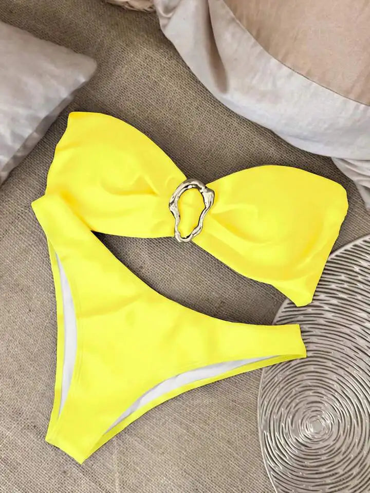 Women Strapless Bikinis Sets Summer Push Up Swimwear Two Pieces Suits Female Sexy Swimsuits Solid Color Lady Backless Beachwear