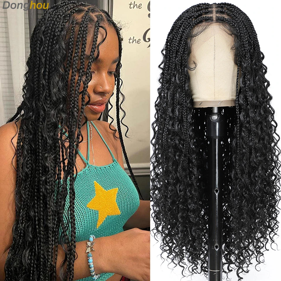 Donghou 24Inch Lace Front Boho Braided Wigs for Women Knotless Braid Wig Natural Hairline Box Braid wigs Premium Lightweight Wig
