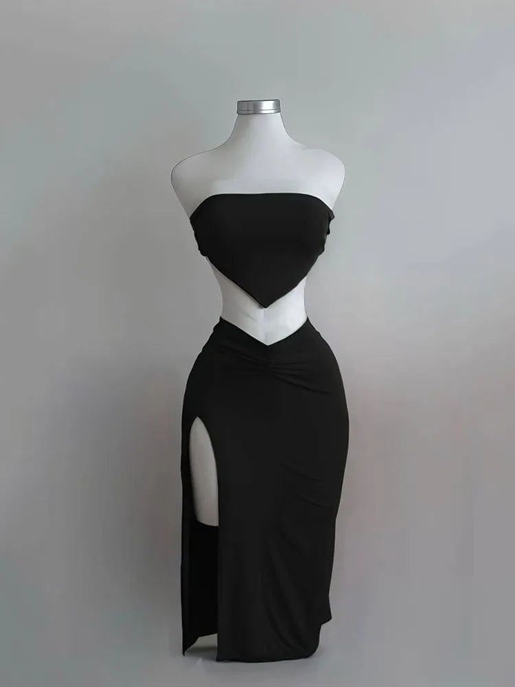 Strapless Backless Crop Top High Waist Skirt 2 Piece Set Women Summer Sexy Slim Fit Split Midi Dress Tube Suits Party Club Sets Main image