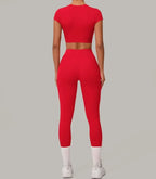 Gym Workout Yoga Fitness Sports Suit Short-sleeved Top Padded-free High-waisted Hip-lifting Trousers Outdoors Leisure Sportswear