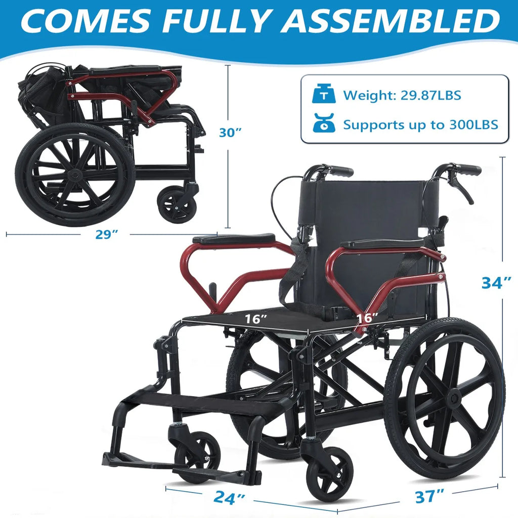 Lightweight Travel Wheelchair Foldable Compact Hand Push Wheelchair for Easy Storage in Car Trunk Airplane Suitable for Adult