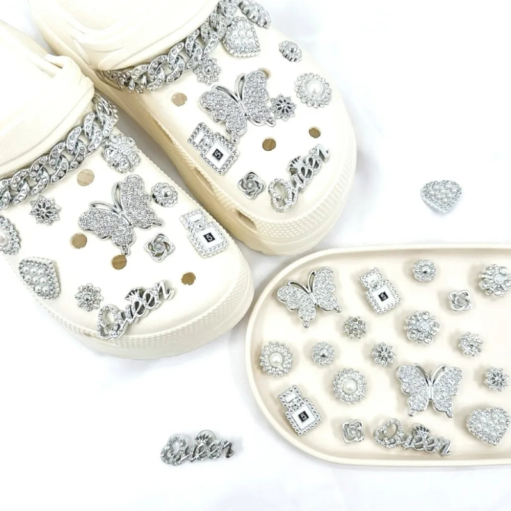 20PCS Shoe Charms Luxury Set Silver Butterfly Queen Diamond Chain Shoe Decorations Buckle for Sandals Clogs DIY Accessories Gift