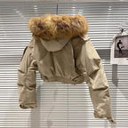 Big Fox Fur Collar Removable Rabbit Liner Short Coat Jacket for Women Winter Elastic Hem Hooded Jackets Wram Fashion Outwear