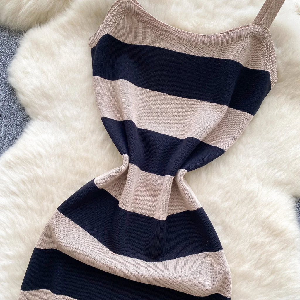 Lady New Stripes Ins Fashion Sexy Package Hips Bodycon Dress  Summer Knitted Spaghetti Straps Outfits Maxi Long Women Dress