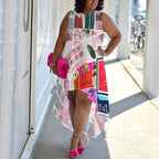 Trendy plus size high-low dress with a retro newspaper print design, bringing a fashionable, vintage vibe.