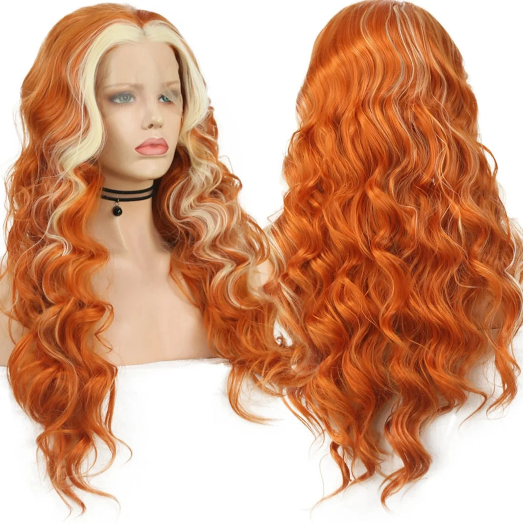 Ginger Wig with Blonde Highlights Wig Synthetic Lace Front Wig Loose Deep Long Curly Wavy Hair 13X4 Frontal Wigs for Women Party