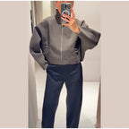 Woolen Zipper Loose Short Jacket Women Long Sleeve Lapel Solid 2025 Autumn Winter Commute Coat Street Office Warm Ladies Outwear