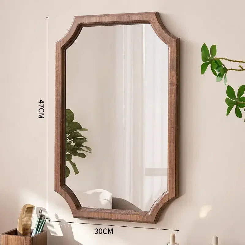 Retro Solid Wood Dressing Mirror Makeup Mirror Wall-mounted Bathroom Toilet Wall-mounted Punch-free Rectangular Bathroom Mirror