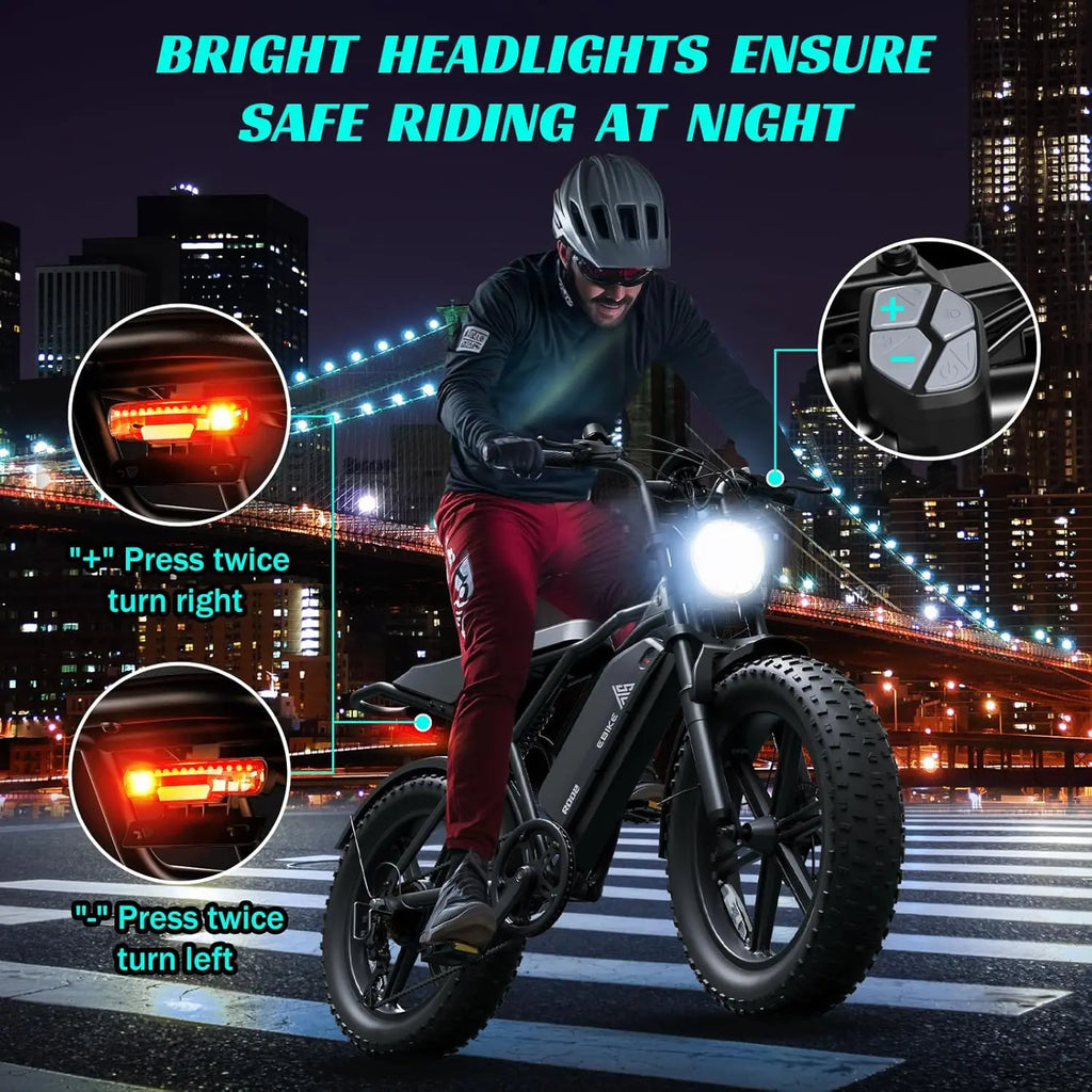 TST R002 1500W e-bike, 20" fat tires, 60-100mile range, 28MPH, 48V 15Ah battery, for all terrains.