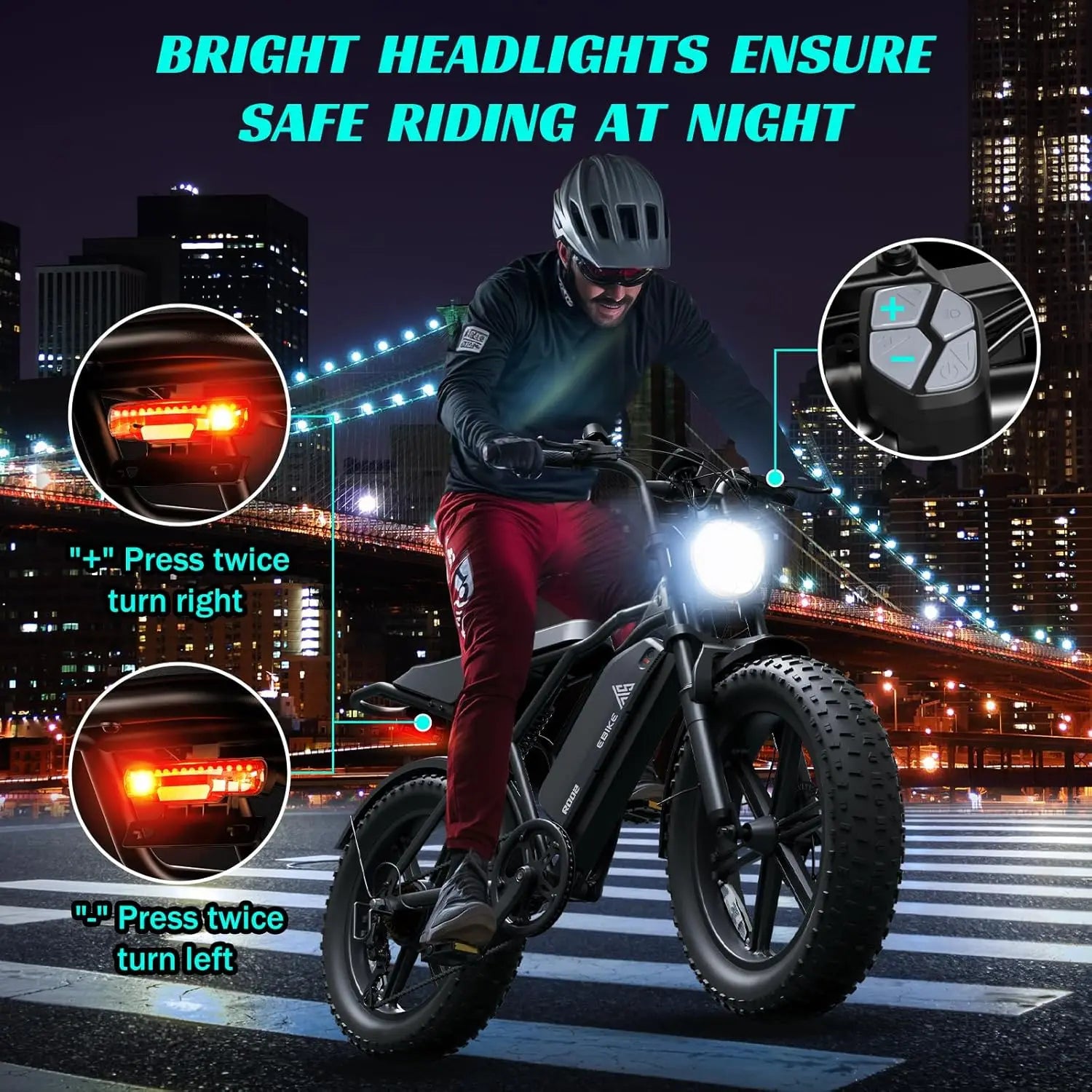 TST R002 1500W e-bike, 20" fat tires, 60-100mile range, 28MPH, 48V 15Ah battery, for all terrains.