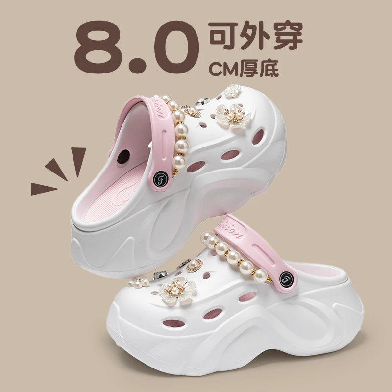 Summer Fashion Pearl Chain DIY Clogs Women 2025 Chunky Platform Slip On Sandals Women Thick Bottom EVA Slippers Shoes Woman Heel