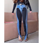 New Two-Tone Color Block High Waist Jeans Women Tummy Control Skinny Fit Stretch Denim Pants Fashion Slimming Pencil Jeans
