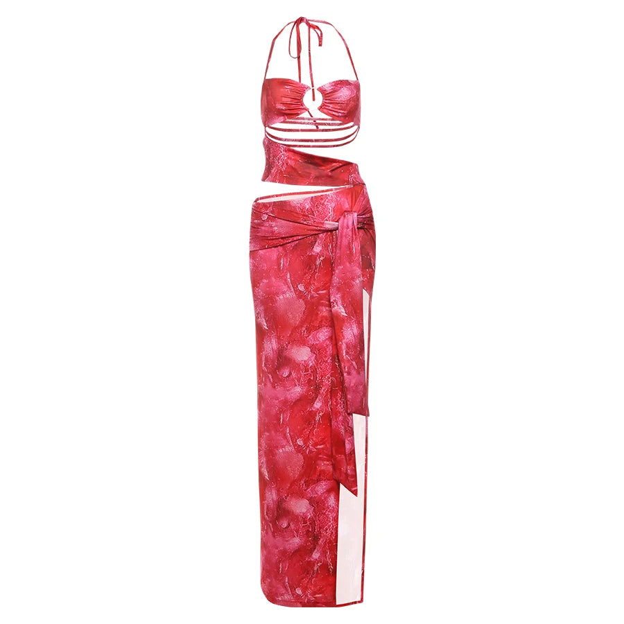 Weird Puss Tie-Dye Print Dress Women Bandage Halter Backless Irregular Hollow Ruched Knot Tie-Dye Ribbon Slits Sexy Long Bodycon