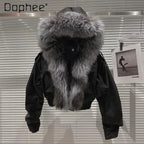 Big Fox Fur Collar Removable Rabbit Liner Short Coat Jacket for Women Winter Elastic Hem Hooded Jackets Wram Fashion Outwear