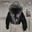 Big Fox Fur Collar Removable Rabbit Liner Short Coat Jacket for Women Winter Elastic Hem Hooded Jackets Wram Fashion Outwear