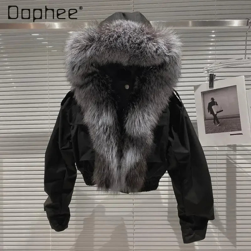 Big Fox Fur Collar Removable Rabbit Liner Short Coat Jacket for Women Winter Elastic Hem Hooded Jackets Wram Fashion Outwear Main image