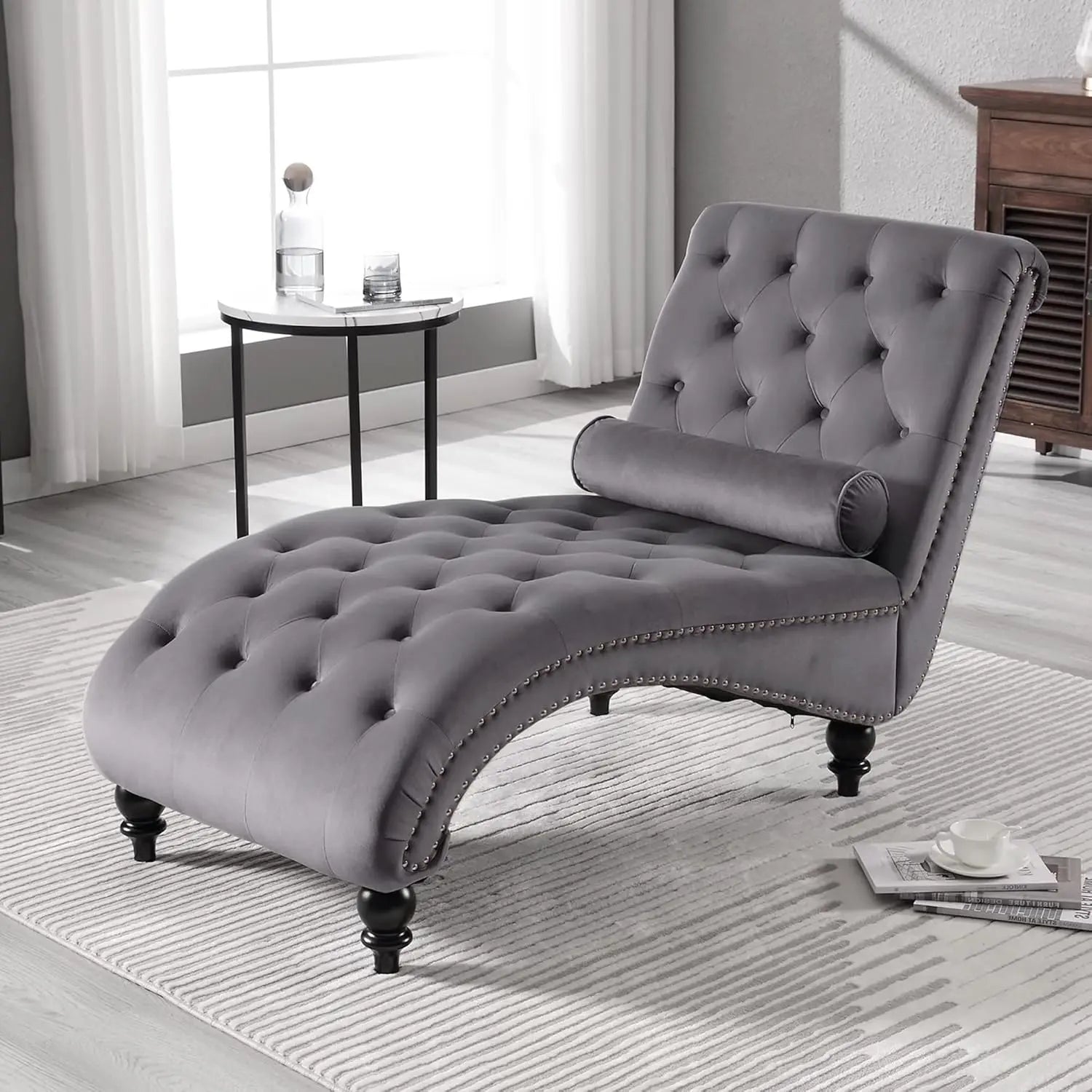 Velvet Chaise Lounge Indoor,Button-Tufted Upholstered Chaise Lounge Chair with Pillow for Bedroom Living Room, Customized