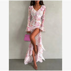Flutter Sleeves Slim Long Dress Women Casual Pleated Deep V-neck Floral Print High Waist Dresses 2026 Lady Summer Holiday Wear