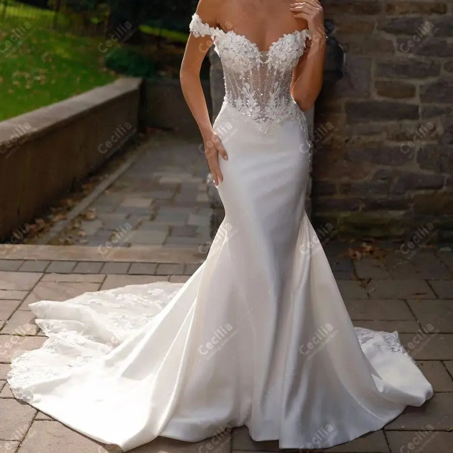 Vintage Wedding Dresses Satin Bridal Gowns Lace Appliques Off The Shoulder Robes Sweep Train Vestidos De Novia Customized 2026 Main image