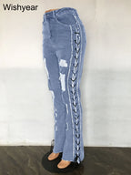 Women's Slim Fit Ripped Denim Jeans High Stretch Blue Pants Eyelet Lace Detail Streetwear Cowboy Style Y2K Flattering Bottoms