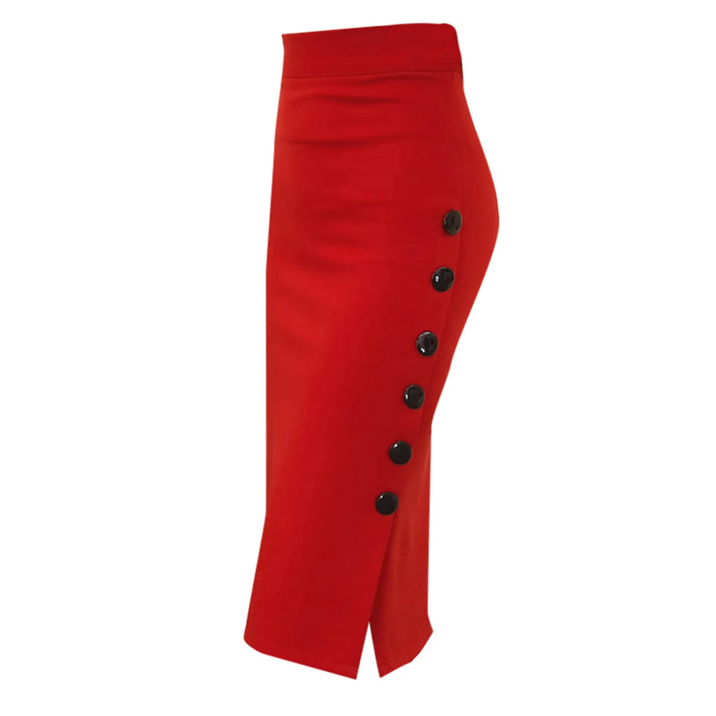Elegant Women Vintage Office Lady Slim Skirts High Waist Buttons Slit Pencil Skirts Women Summer Sexy S-3XL Stretch Midi Skirts