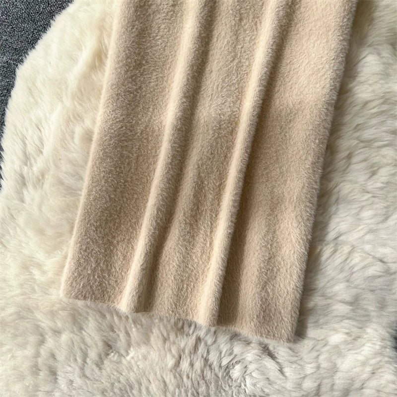 Fluffy Fuzzy Knit Midi Skirt For Women High Waist Slimming Straight Long Skirt Warm Soft Imitation Mink Cashmere Skirt SK604