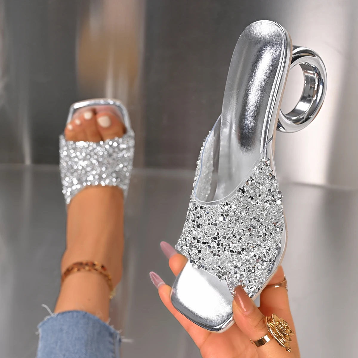 Elegant Pointed Toe High Heels Slippers Women Summer Fashion Clear Crystal Heel Sandals Woman Shiny Sequins Banquet Party Shoes Main image